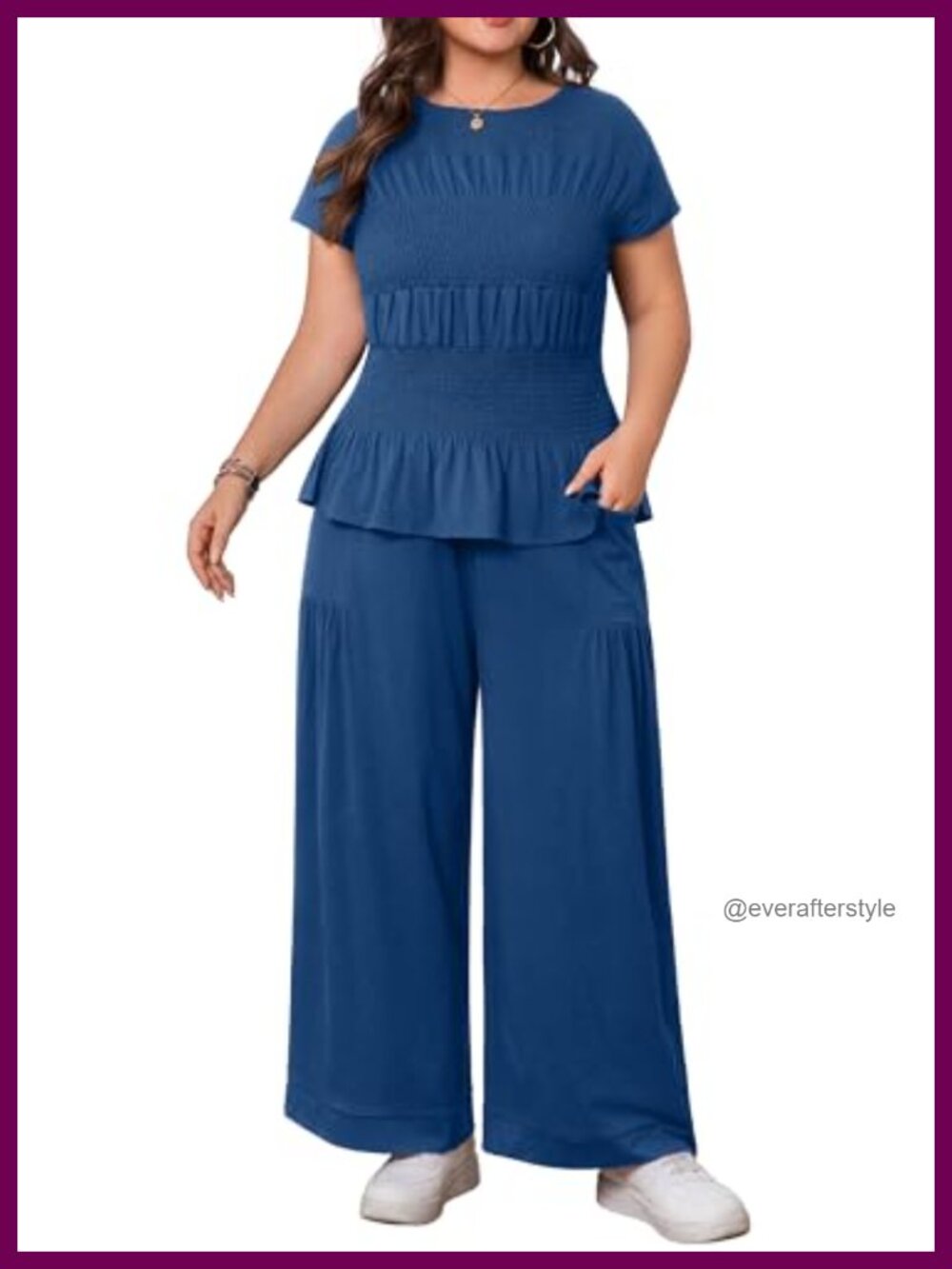 Plus Size 2 Piece Set Smocked Top Wide Leg Pants Pockets